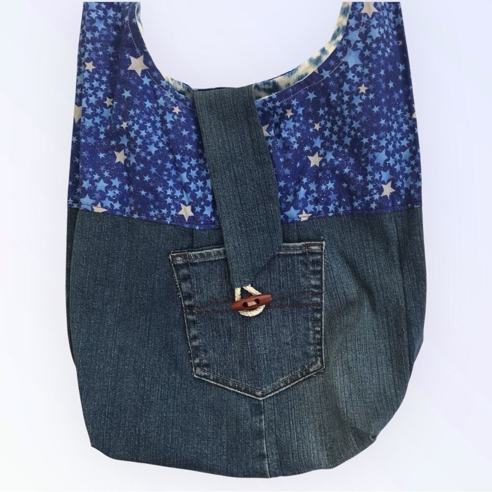 Handmade Blue Denim Boho Shoulder Bucket Bag Hippie Stars Print